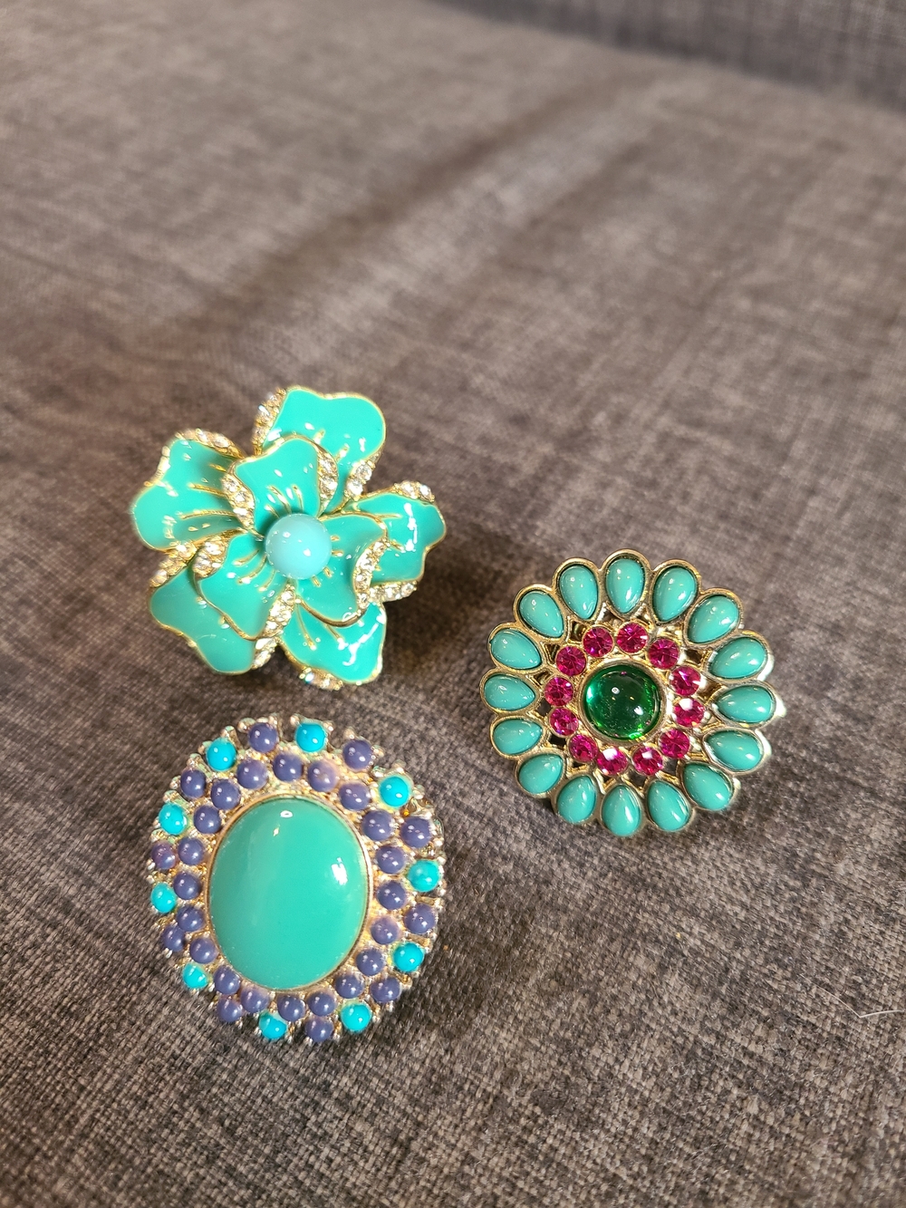 Three Turquoise Floral Statement Stretchy Rings